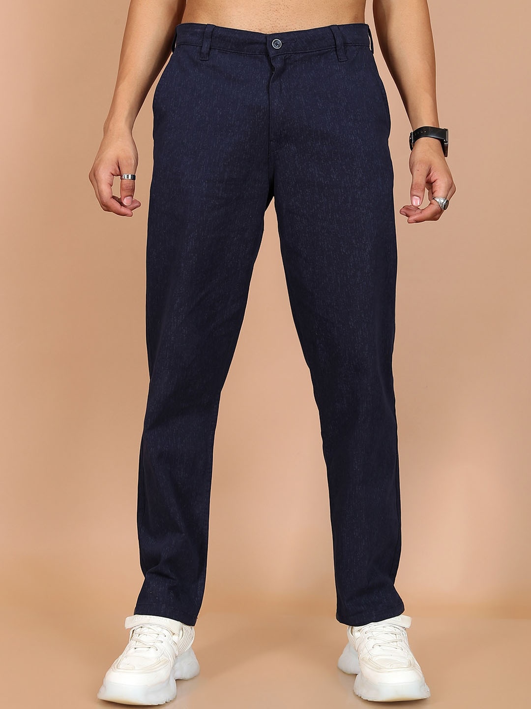 

HIGHLANDER Men Cotton Plain Flat-Front Trousers, Blue