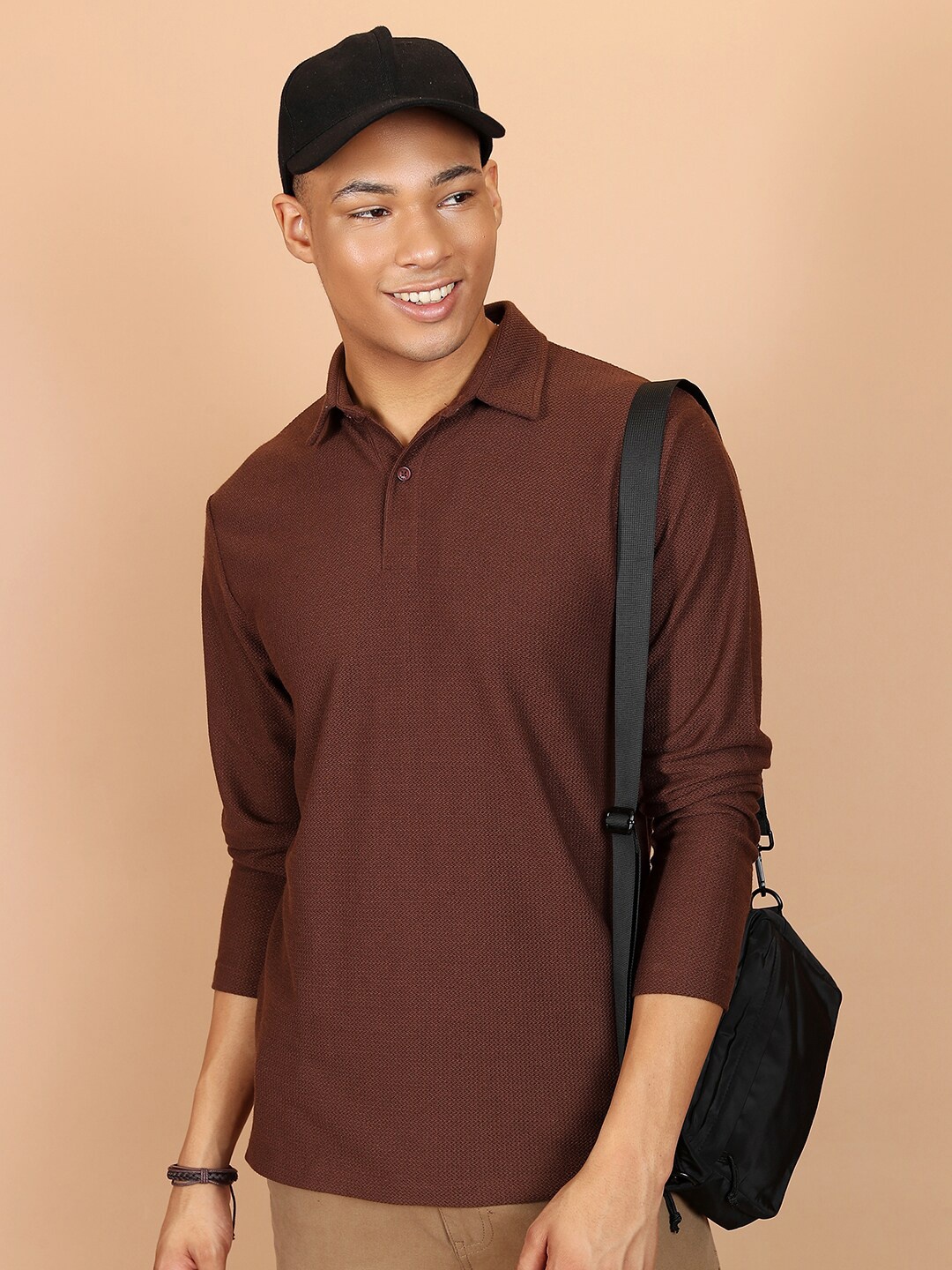 

HIGHLANDER Polo Collar Long Sleeves Popcorn Structured T-shirt, Brown