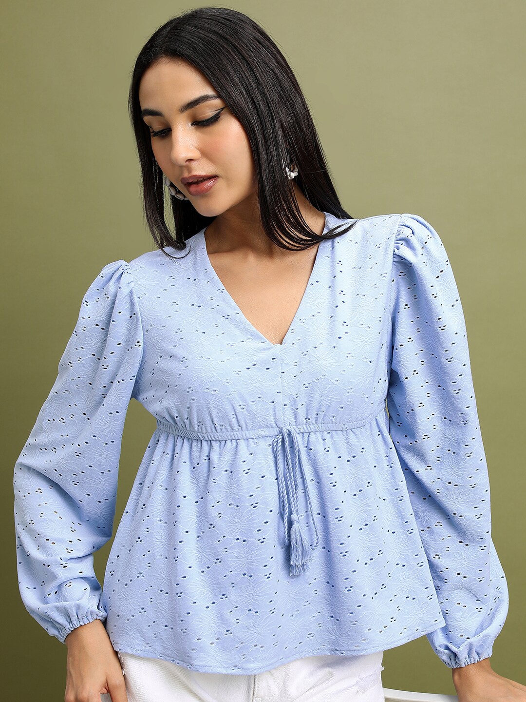 

Tokyo Talkies Schiffli V-Neck Puff Sleeve Empire Top, Blue