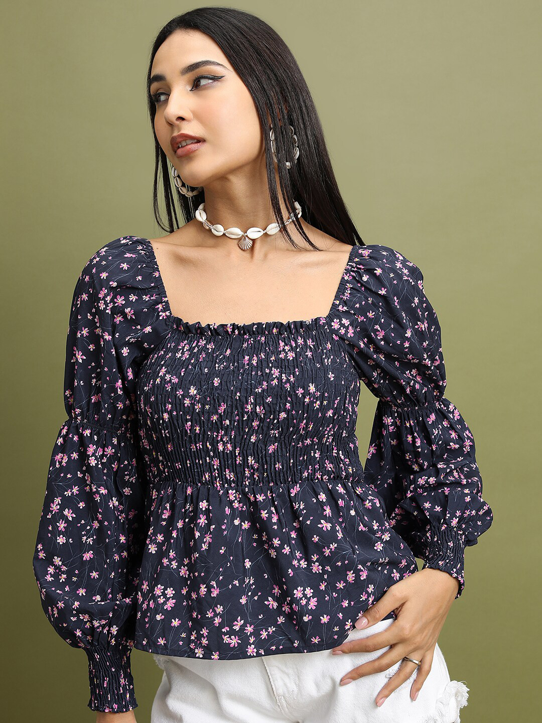 

Tokyo Talkies Floral Printed Puff Sleeve Smocked Top, Blue