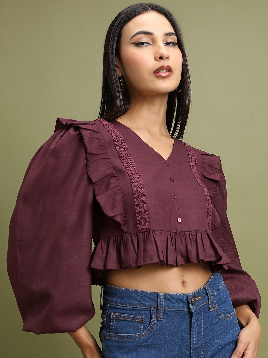 

Tokyo Talkies V-Neck Puff Sleeve Ruffled Crop Top, Burgundy