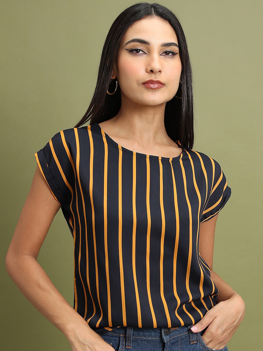 

Tokyo Talkies Navy Blue & Yellow Striped Extended Sleeves Regular Top