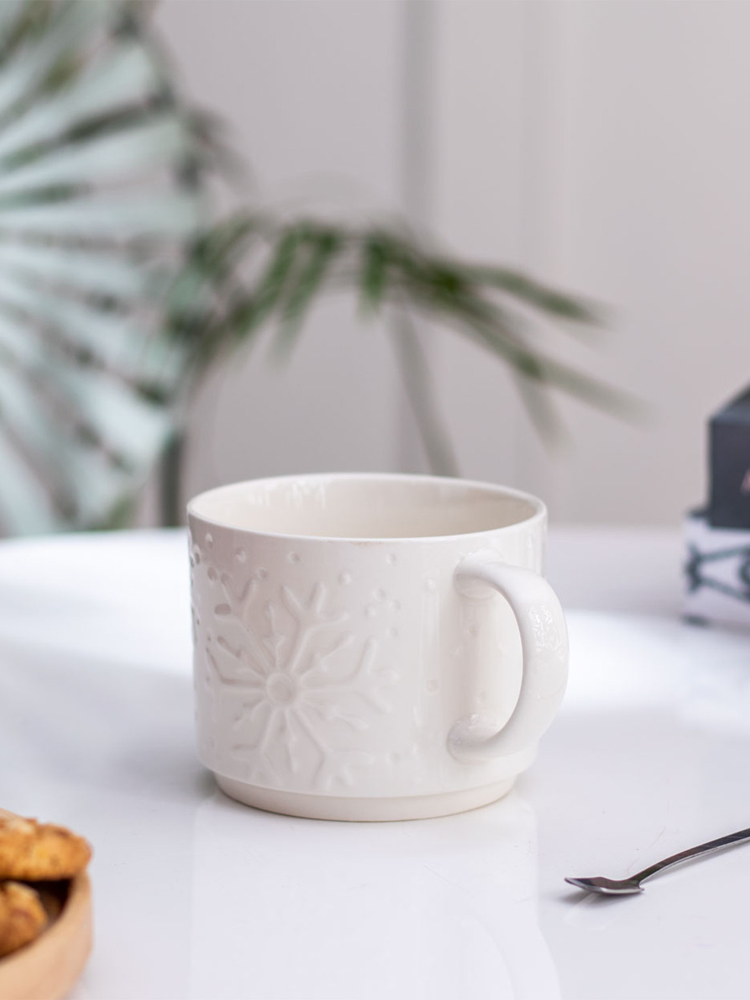 

THEDECORKART White Textured Ceramic Glossy Cup 300 ML