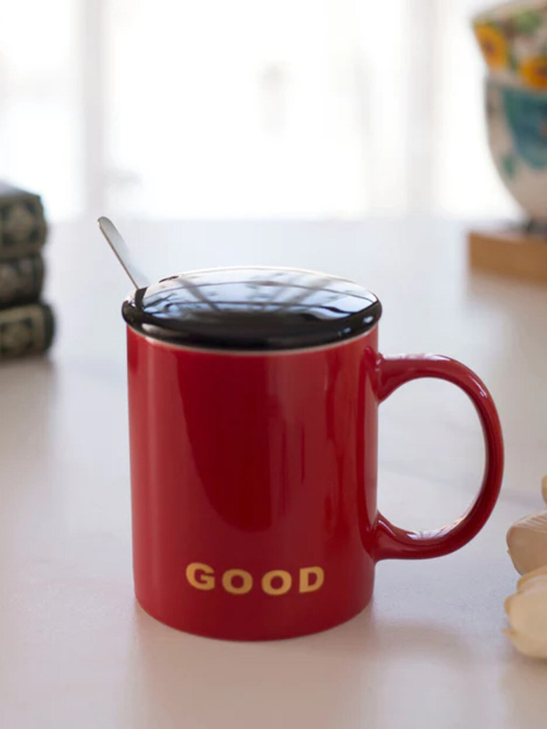 

THEDECORKART Red & Black Printed Ceramic Glossy Mug - 300 ML