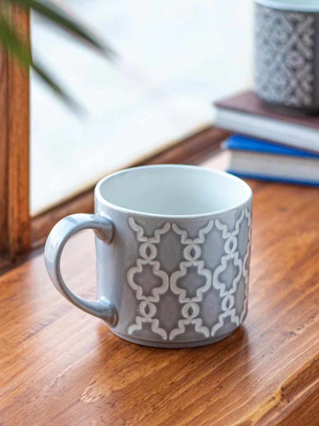 

THEDECORKART Grey & White Printed Ceramic Glossy Mug - 300 ML