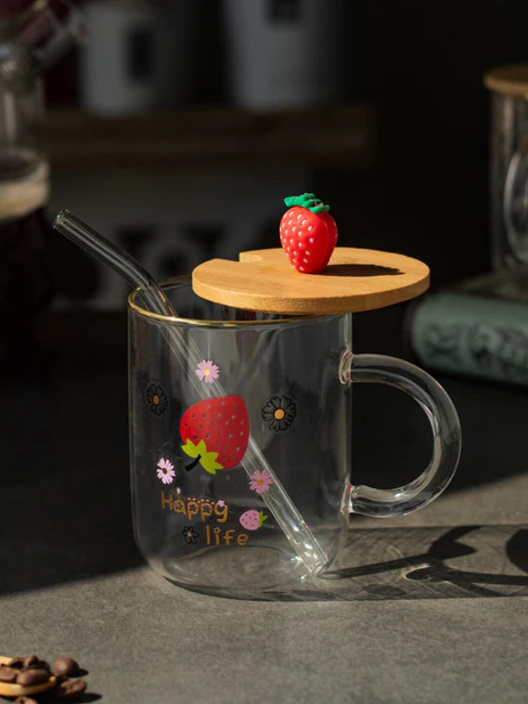 

THEDECORKART Transparent & Red Hand Painted Printed Ceramic Transparent Mug -300 ML