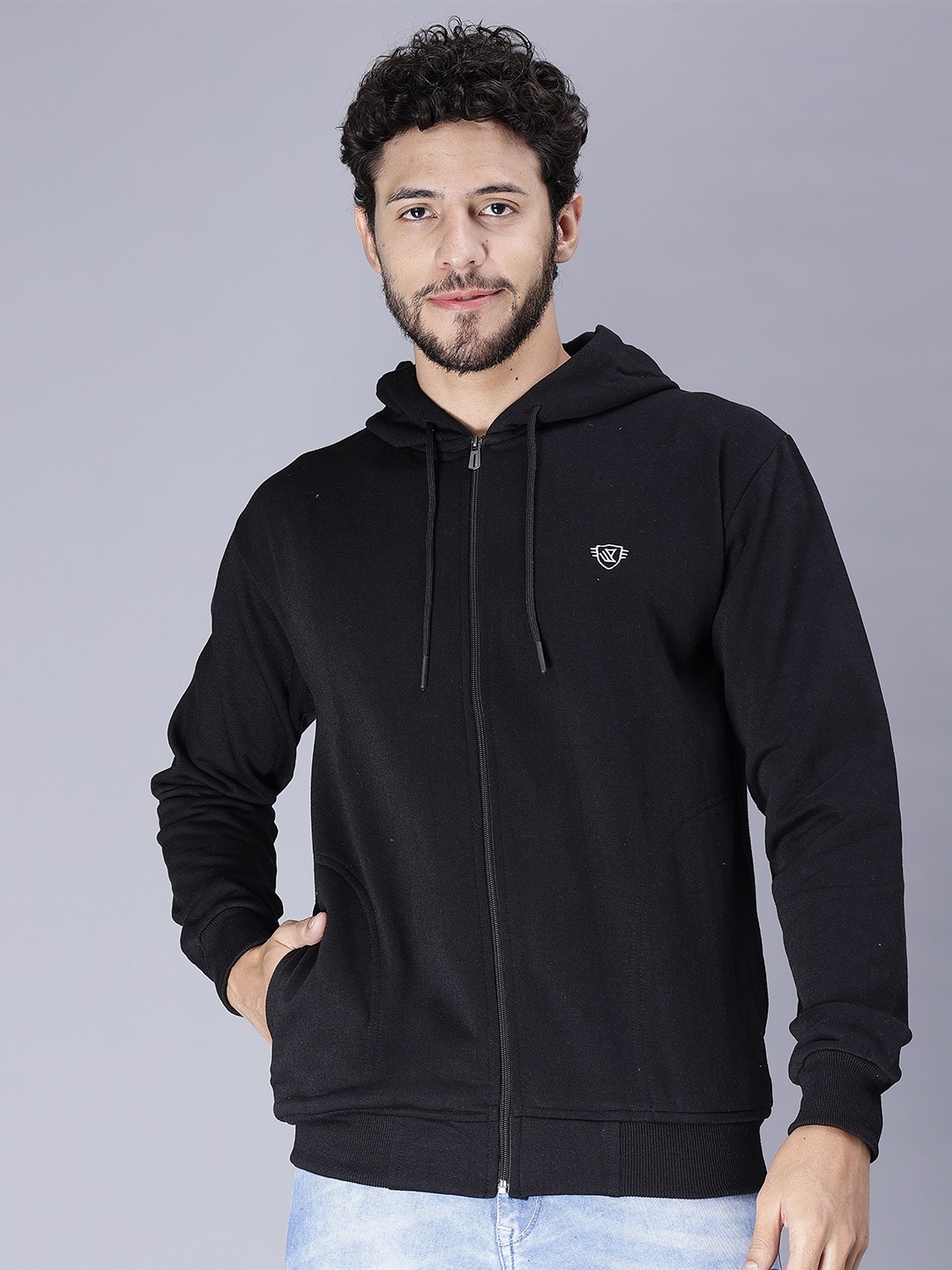 

WE PERFECT Hooded Fleece Front-Open Sweatshirt, Black