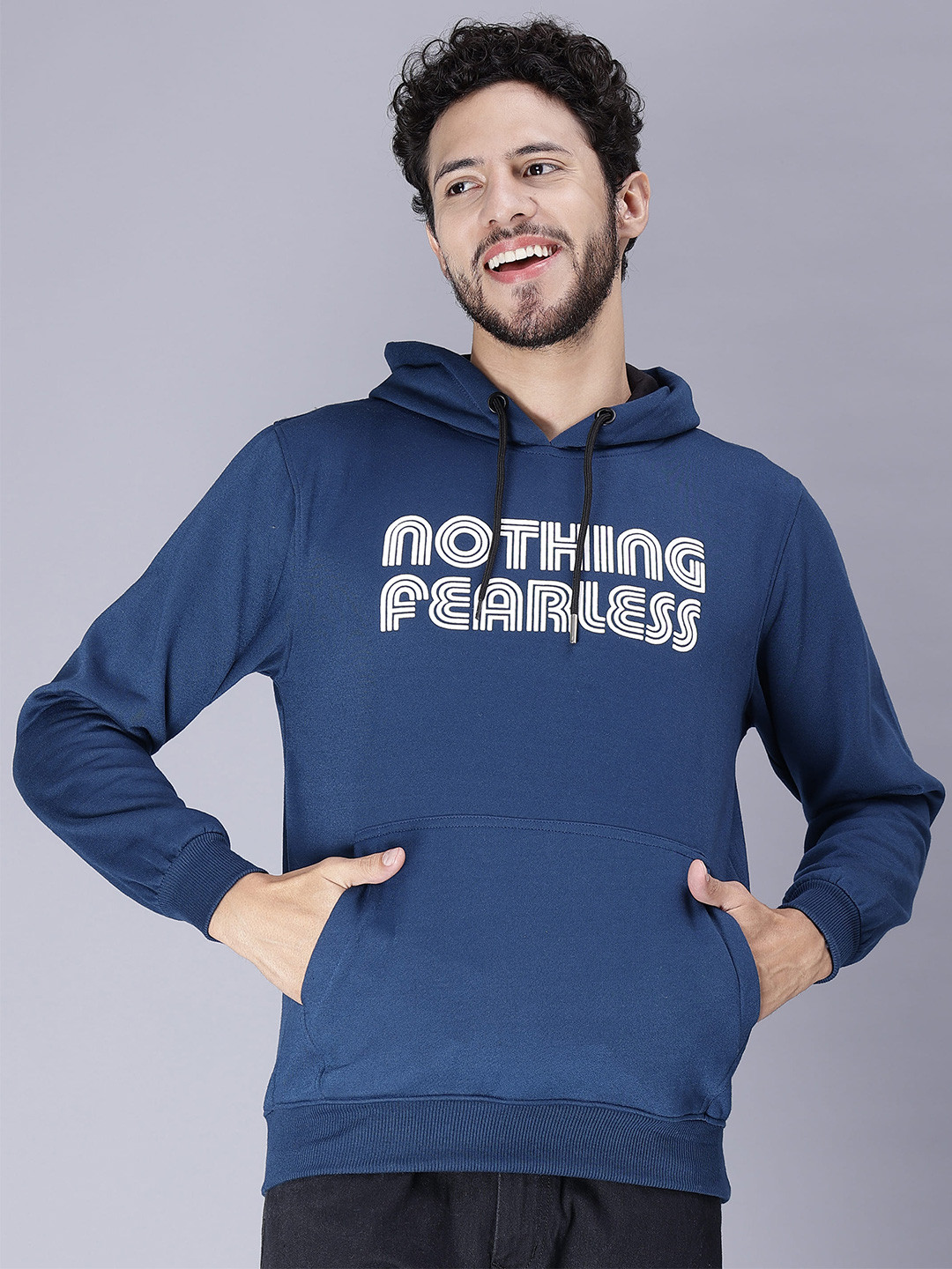 

WE PERFECT Typography Printed Hooded Fleece Pullover Sweatshirt, Blue