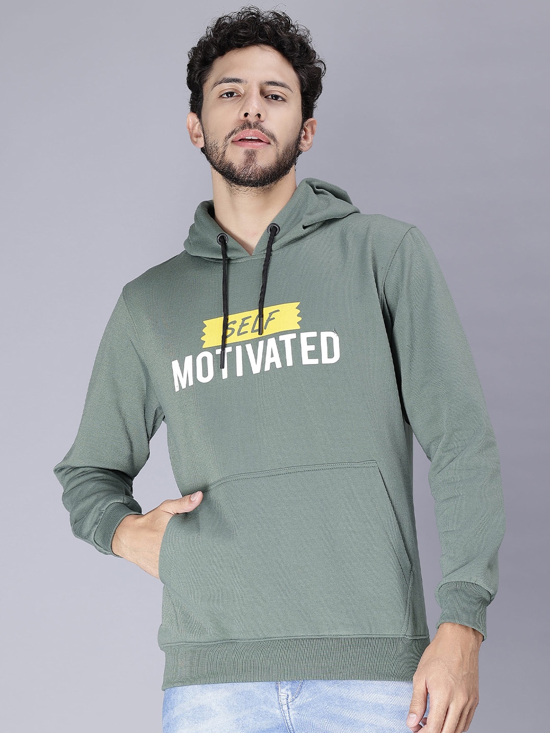 

WE PERFECT Typography Printed Hooded Fleece Pullover Sweatshirt, Green