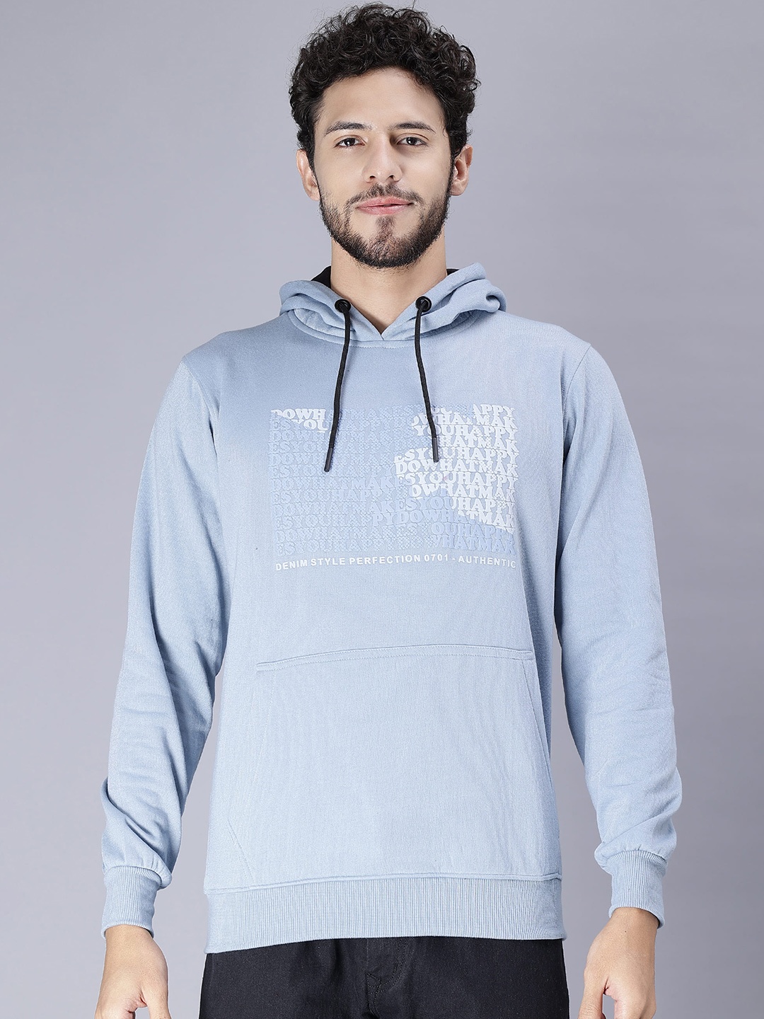 

WE PERFECT Typography Printed Hooded Fleece Pullover Sweatshirt, Blue