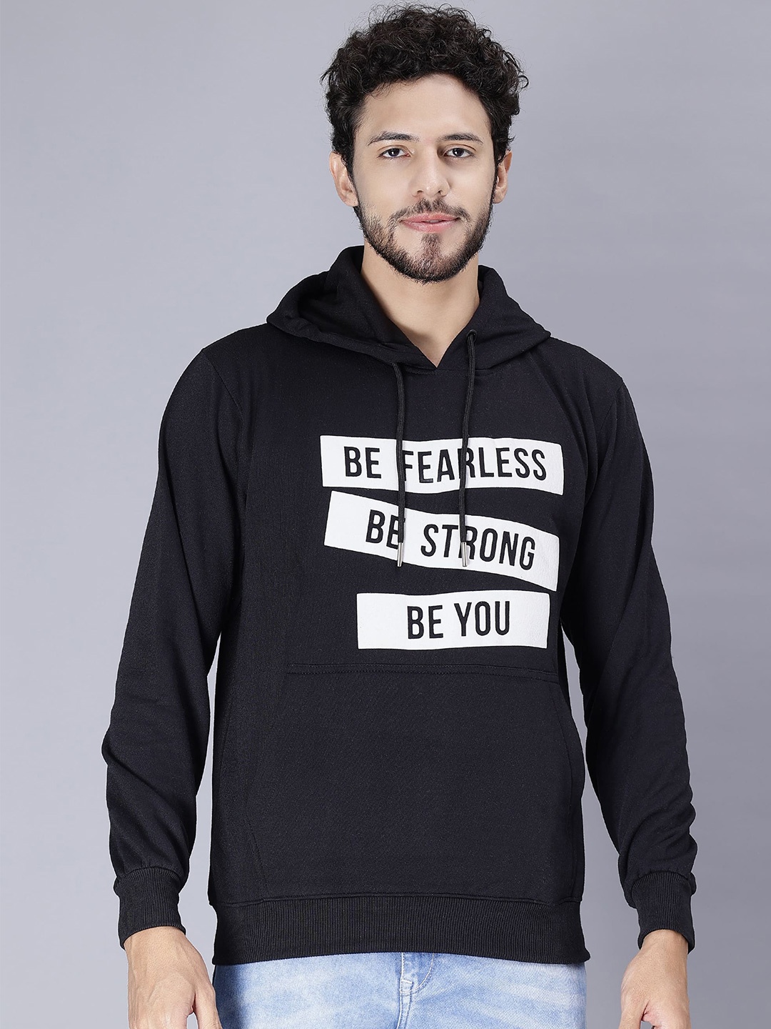 

WE PERFECT Typography Printed Hooded Fleece Pullover Sweatshirt, Black