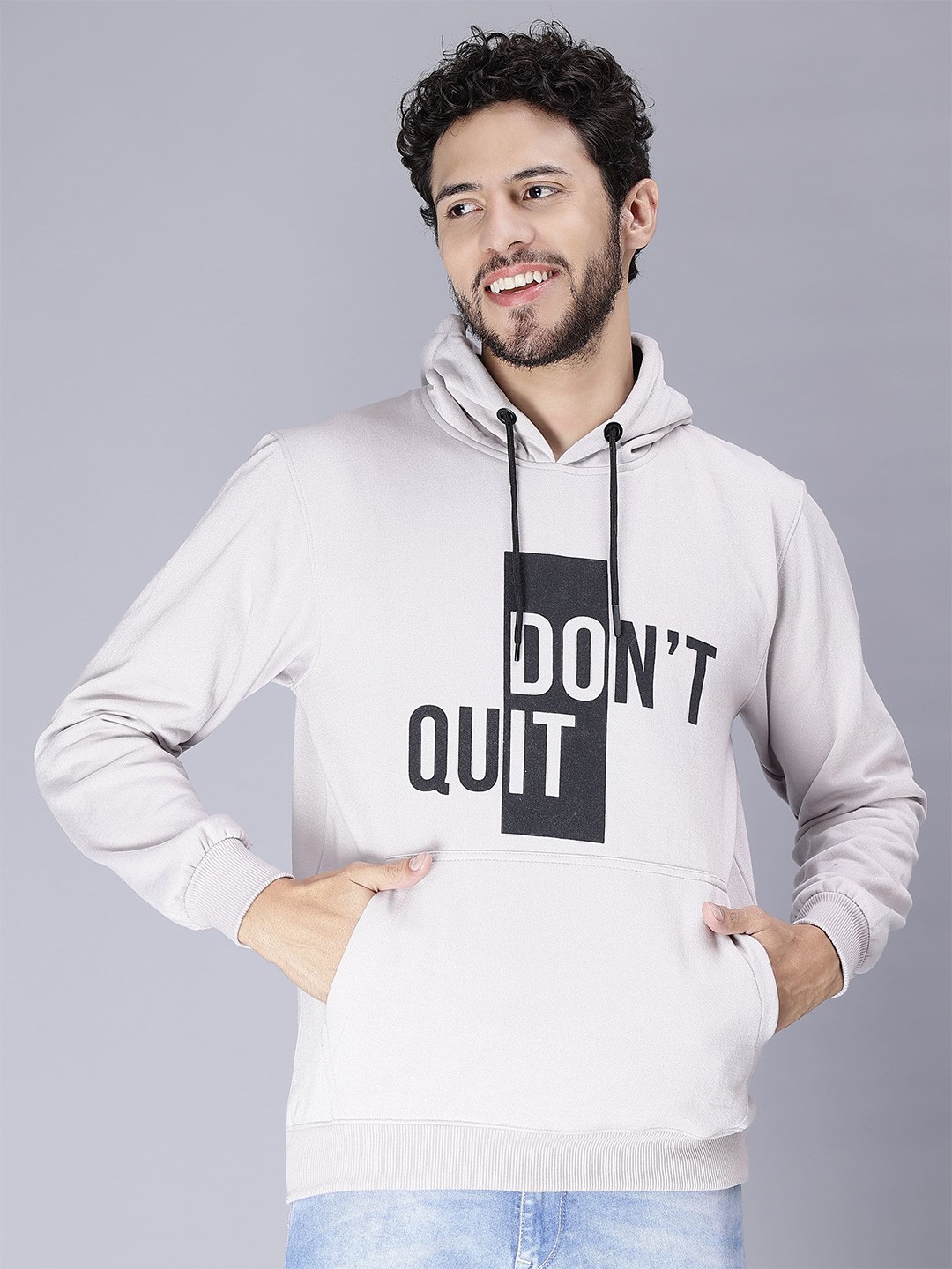 

WE PERFECT Typography Printed Hooded Fleece Pullover Sweatshirt, Grey