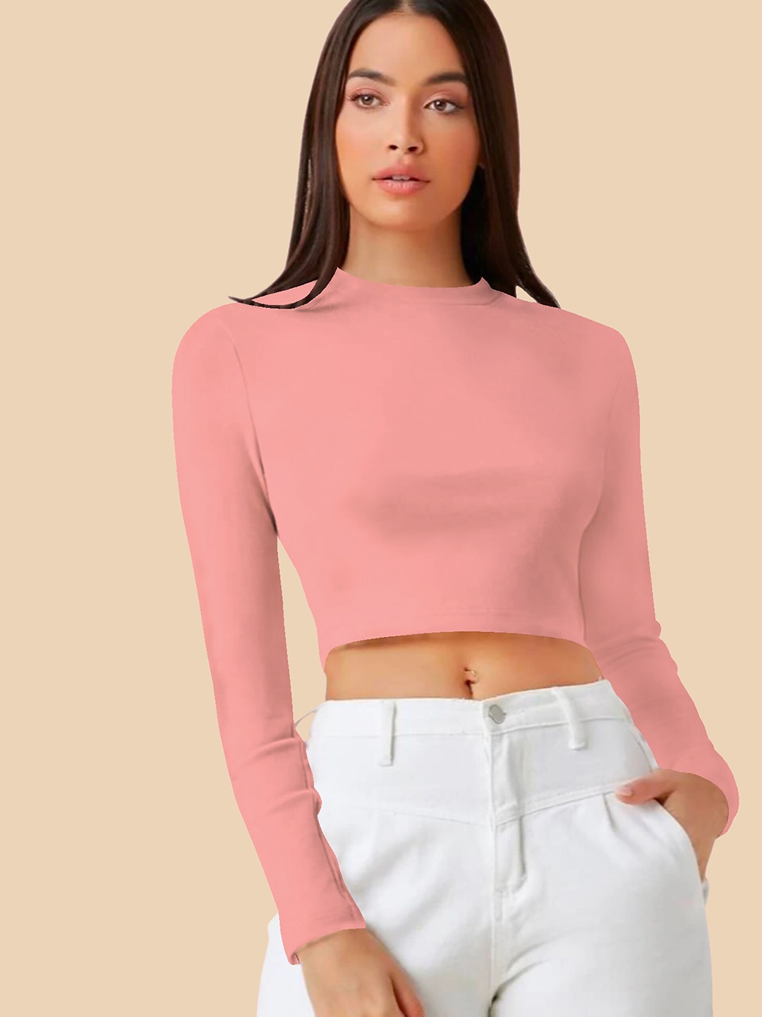 

Dream Beauty Fashion Round Neck Long Sleeves Fitted Crop Top, Peach