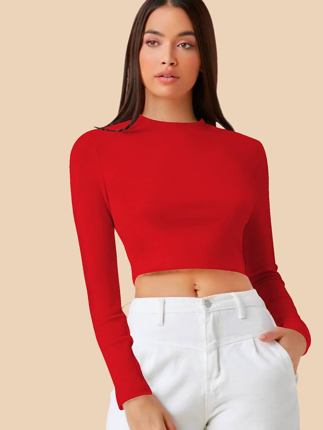 

Dream Beauty Fashion Round Neck Long Sleeves Fitted Crop Top, Red