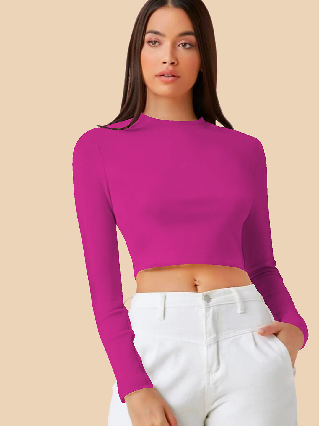 

Dream Beauty Fashion Round Neck Long Sleeves Fitted Crop Top, Pink