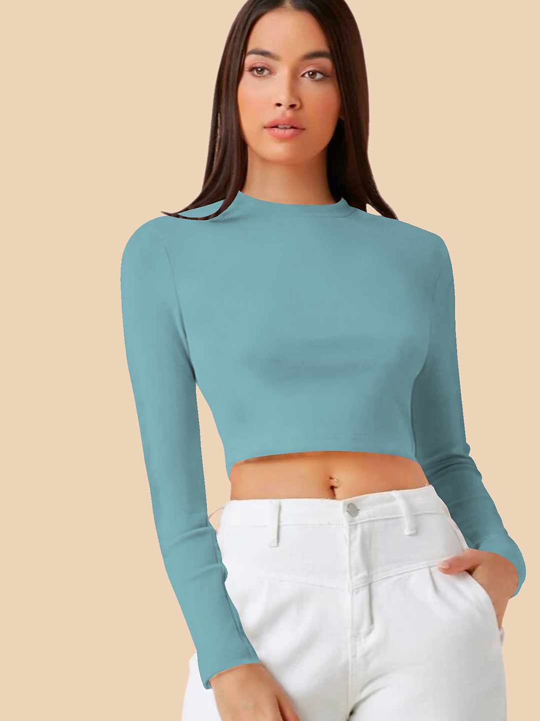 

Dream Beauty Fashion Round Neck Long Sleeves Fitted Crop Top, Turquoise blue