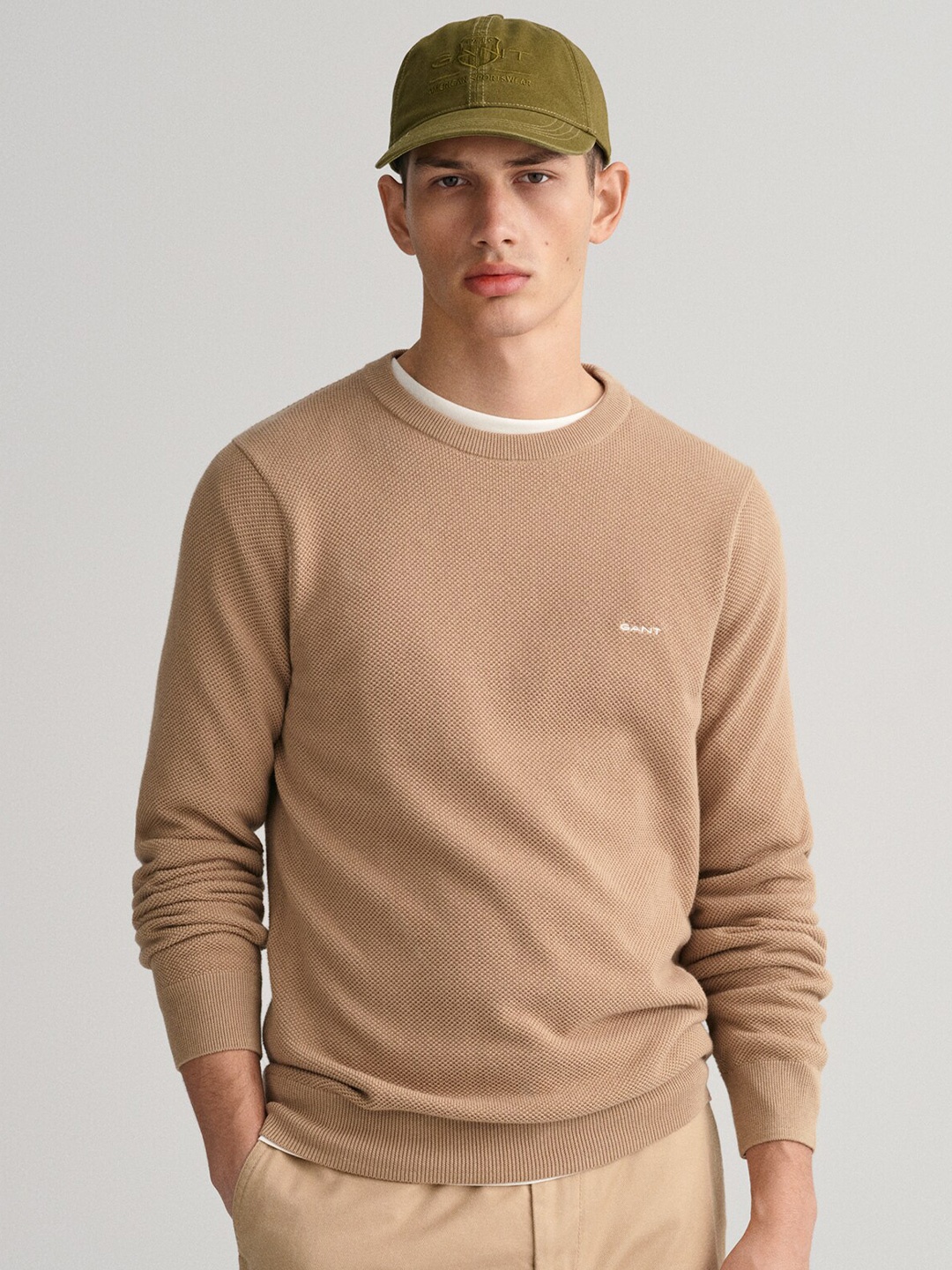 

GANT Round Neck Long Sleeves Pure Cotton Pullover Sweater, Beige