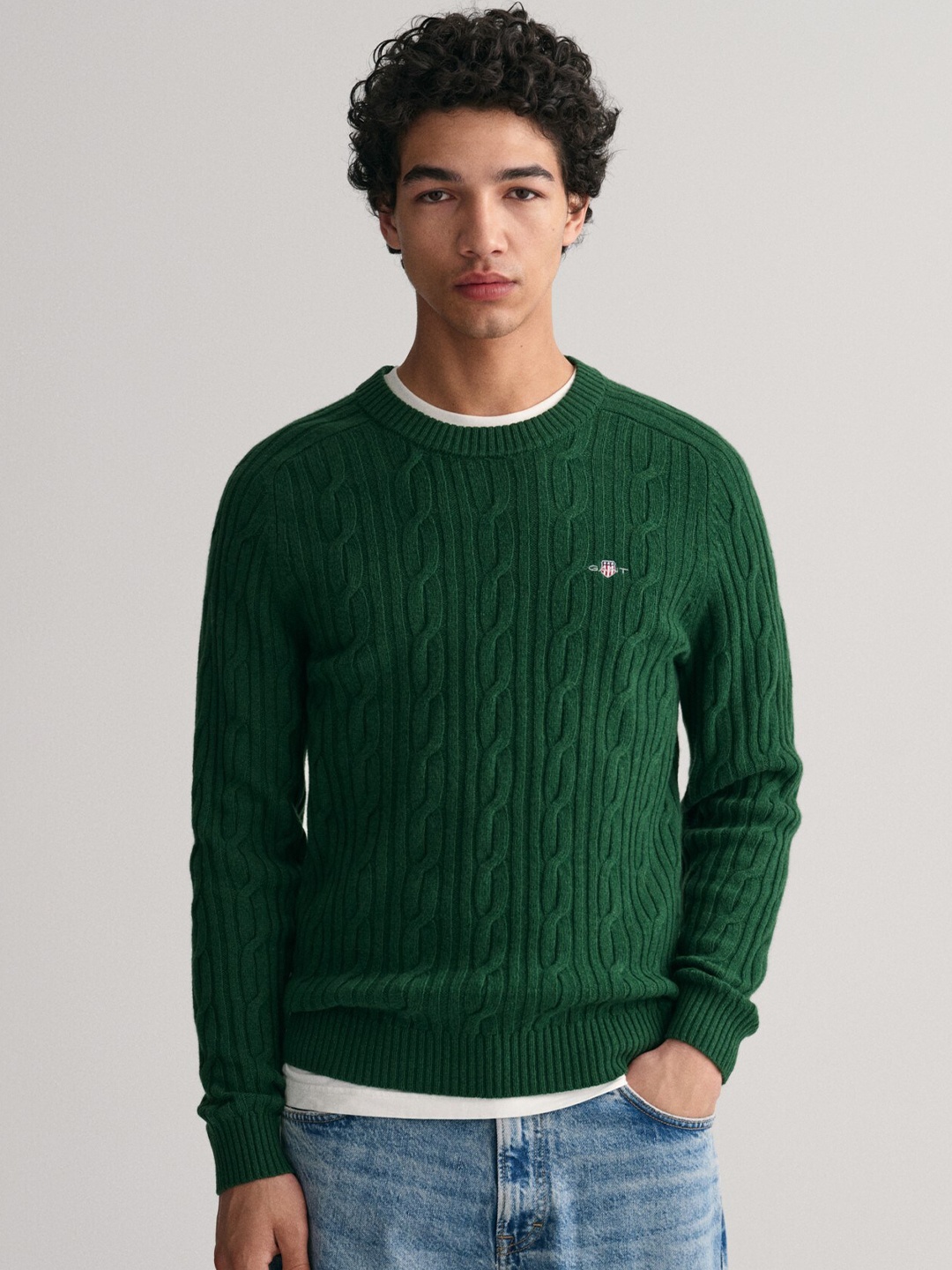 

GANT Cable Knit Self Design Round Neck Pullover Sweater, Green