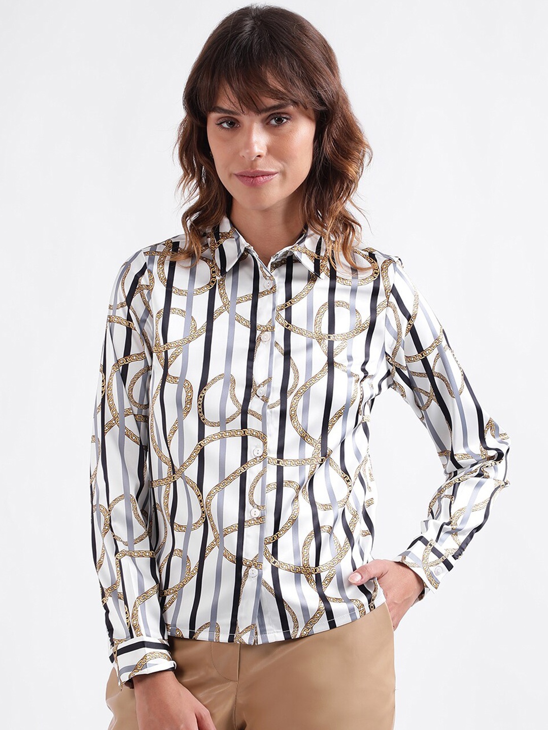 

Iconic Striped Spread Collar Casual Shirt, White