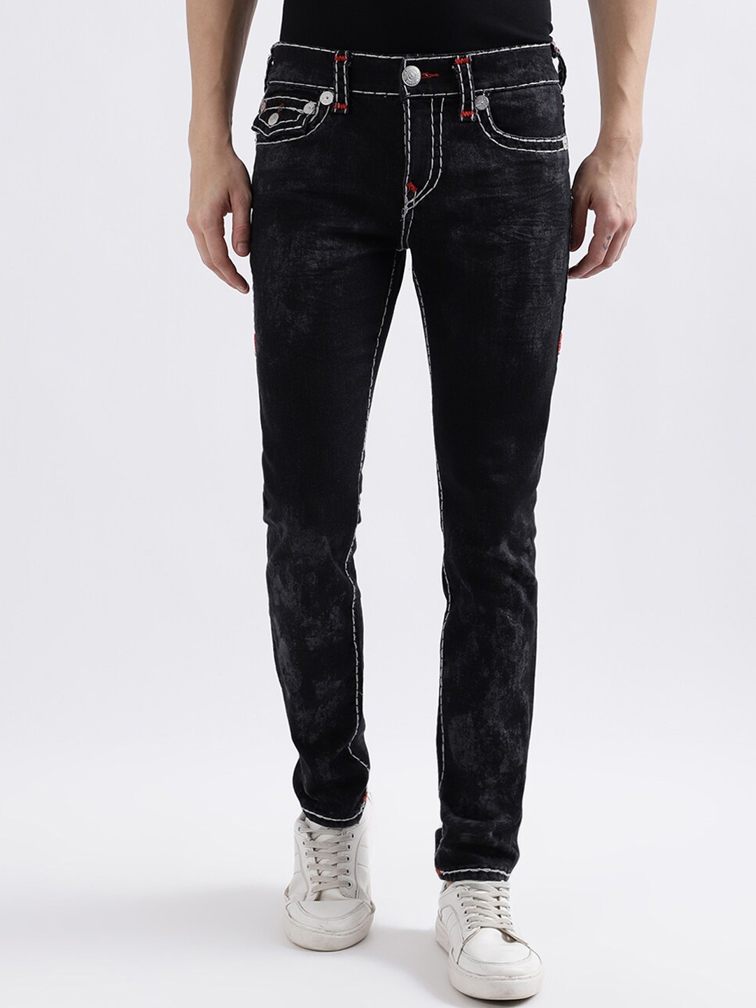 

True Religion Men Super T Rocco Skinny Fit Mildly Distressed Bleached Jeans, Black