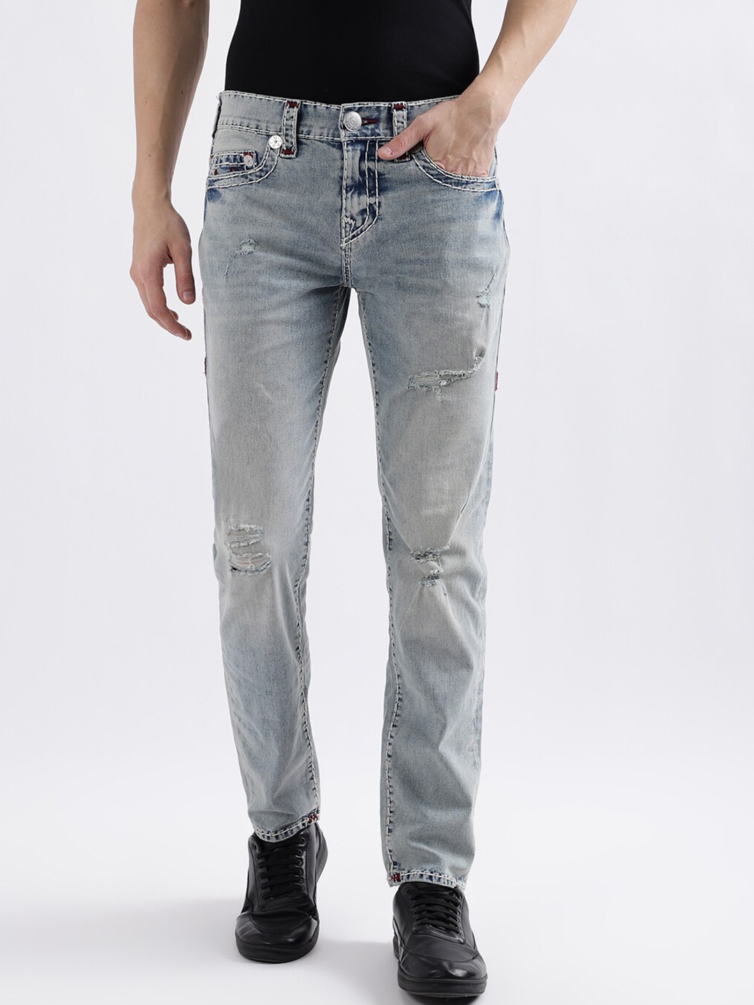 

True Religion Men Super T Rocco Skinny Fit Mildly Distressed Heavy Fade Bleached Jeans, Blue
