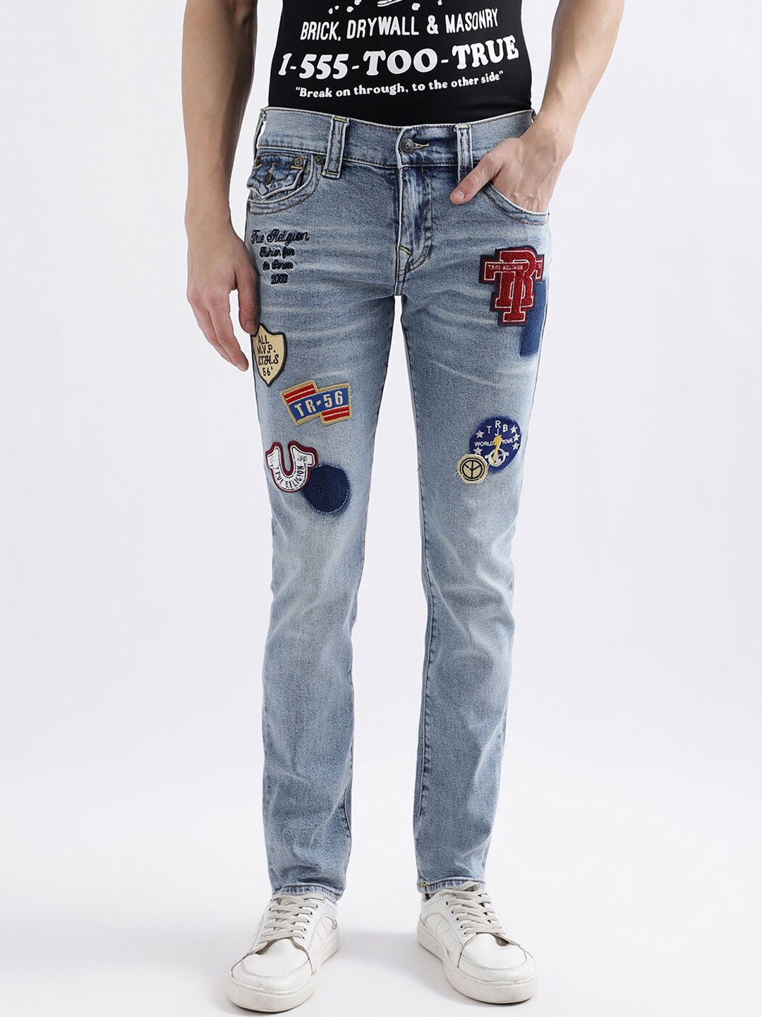 

True Religion Men SN Rocco Straight Fit Highly Distressed Heavy Fade Applique Cotton Jeans, Blue