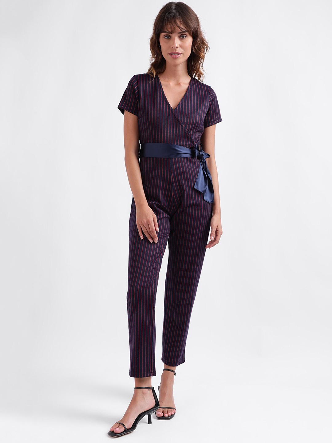 

Iconic Navy Blue & Red Striped V-Neck Tie-Up Basic Jumpsuit