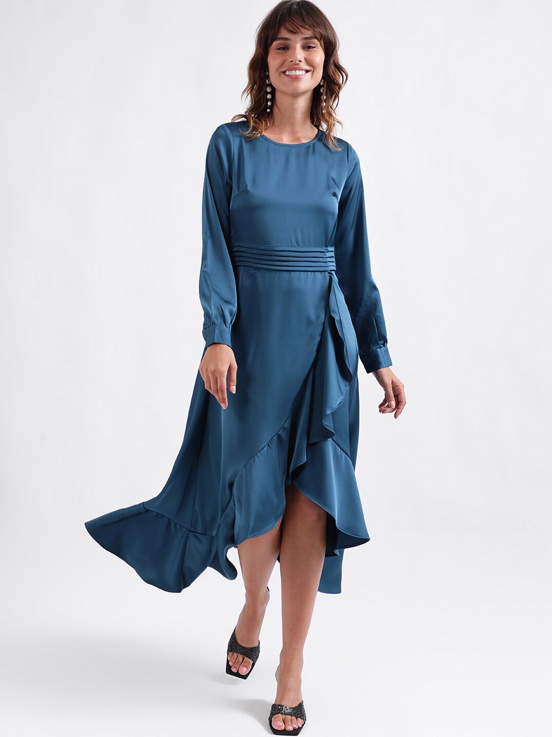 

CENTRESTAGE Cuffed Sleeve Ruffled Tulip Fit & Flare Midi Dress, Teal