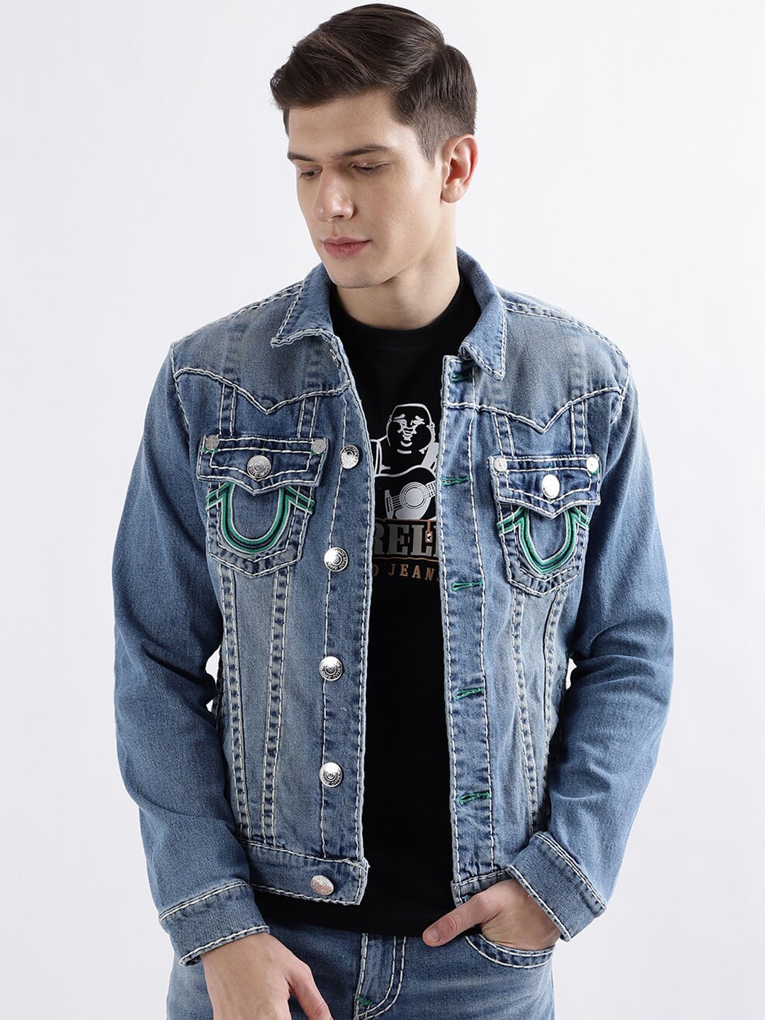 

True Religion Washed Spread Collar Denim Jacket, Blue