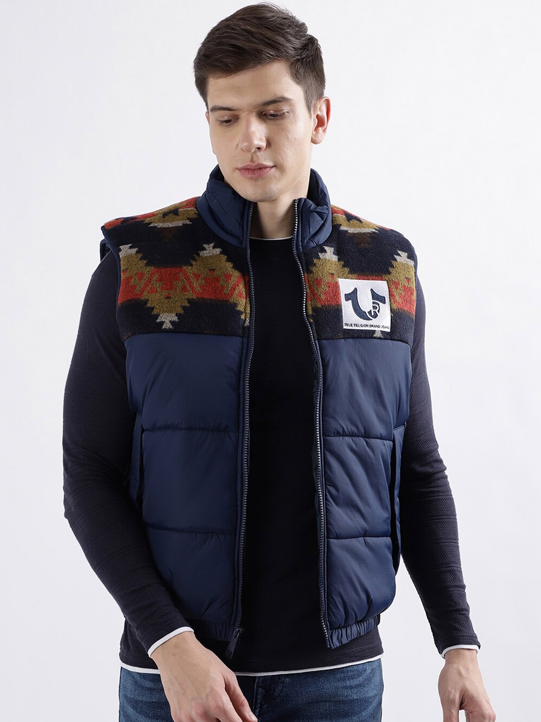 

True Religion Geometric Printed Stand Collar Sleeveless Pure Cotton Puffer Jacket, Navy blue