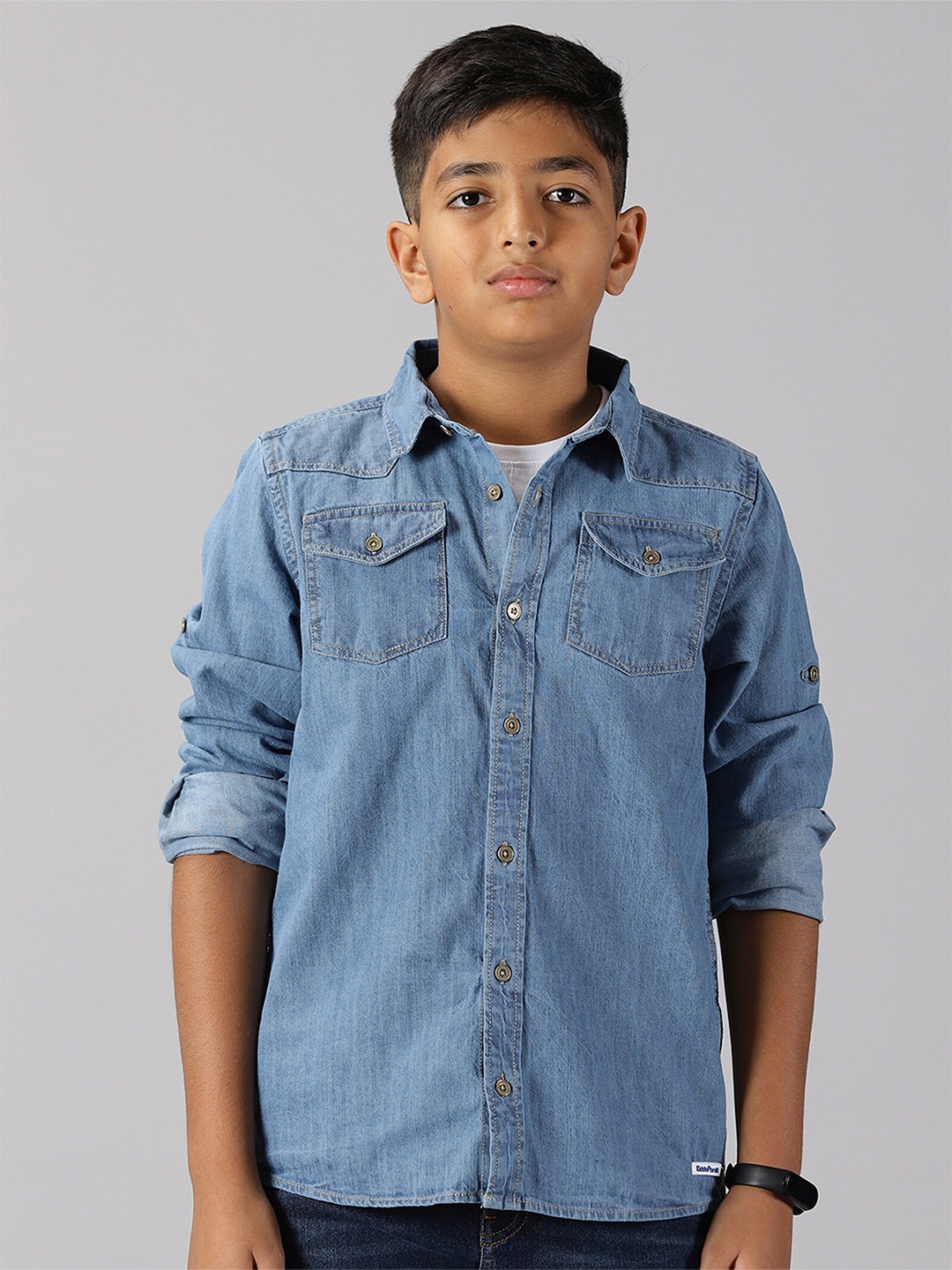 

KiddoPanti Boys Spread Collar Denim Casual Shirt, Blue