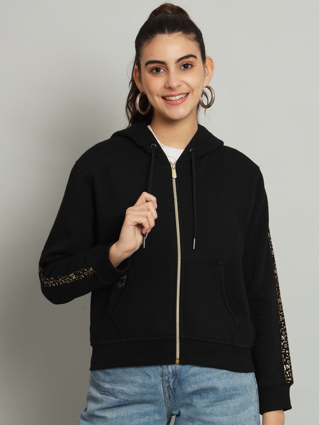 

ANTI CULTURE Hooded Neck Long Sleeve Fleece Front-Open Sweatshirt, Black