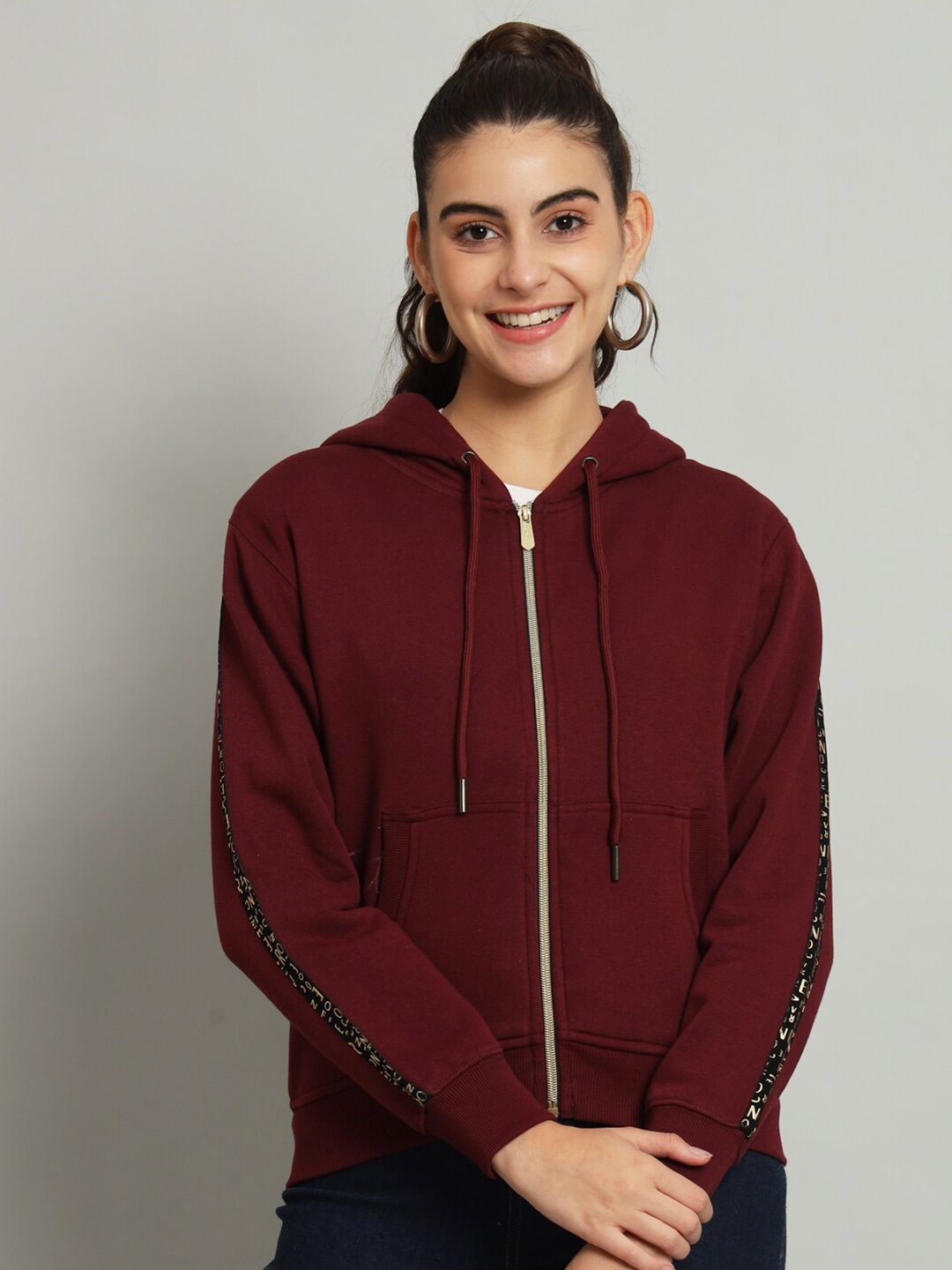 

ANTI CULTURE Hooded Neck Long Sleeve Fleece Front-Open Sweatshirt, Maroon