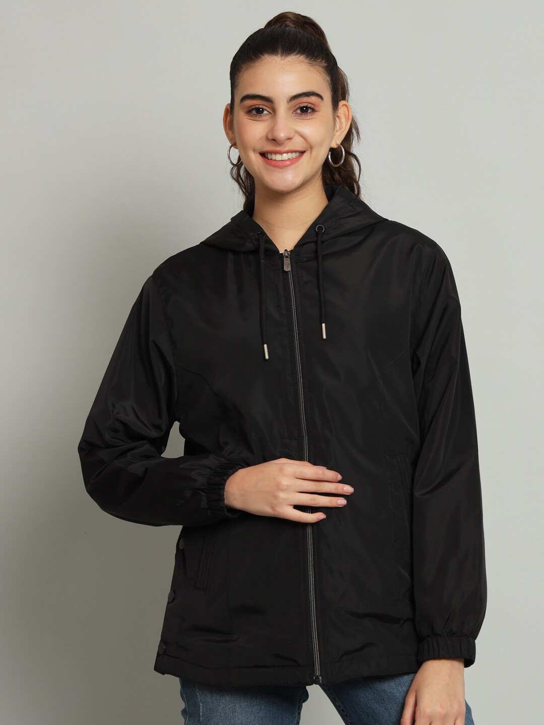 

ANTI CULTURE Hooded Neck Long Sleeve Zip Detail Open Front Jacket, Black