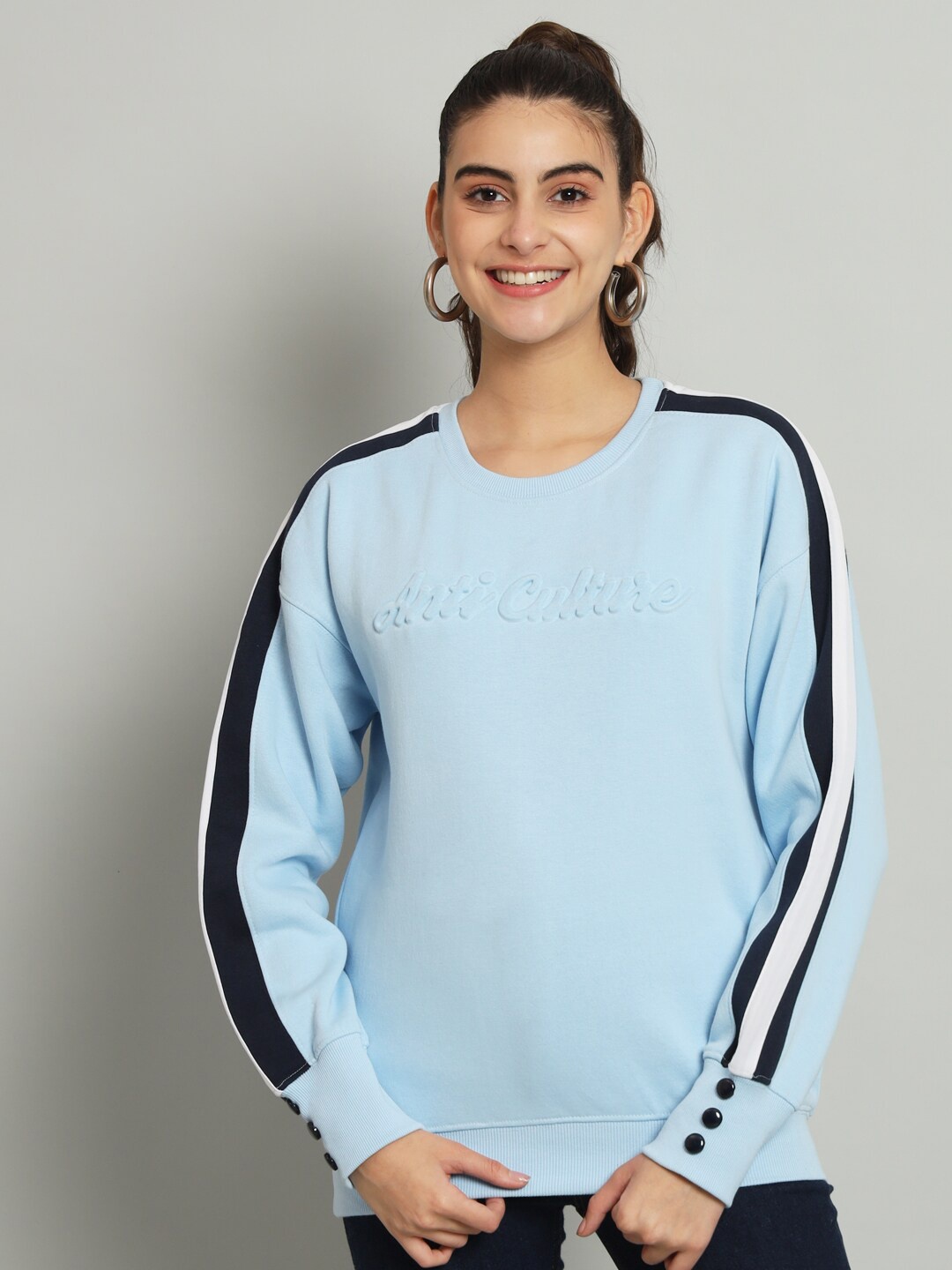 

ANTI CULTURE Round Neck Fleece Pullover Sweatshirt, Blue