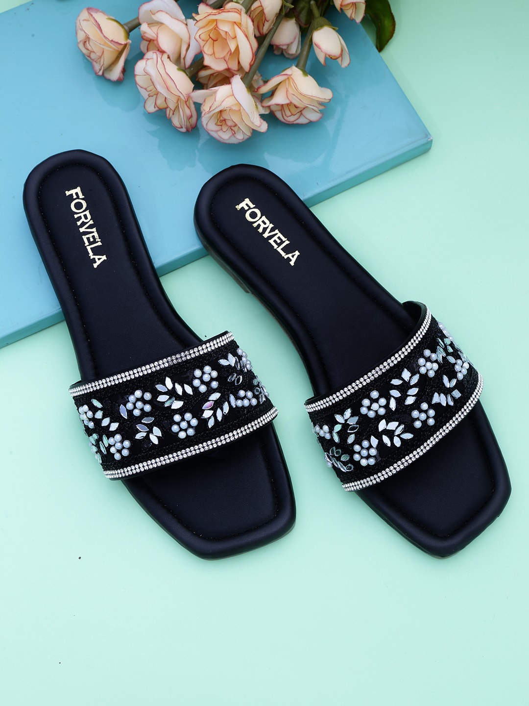 

FORVELA Embellished Open Toe Flats, Black