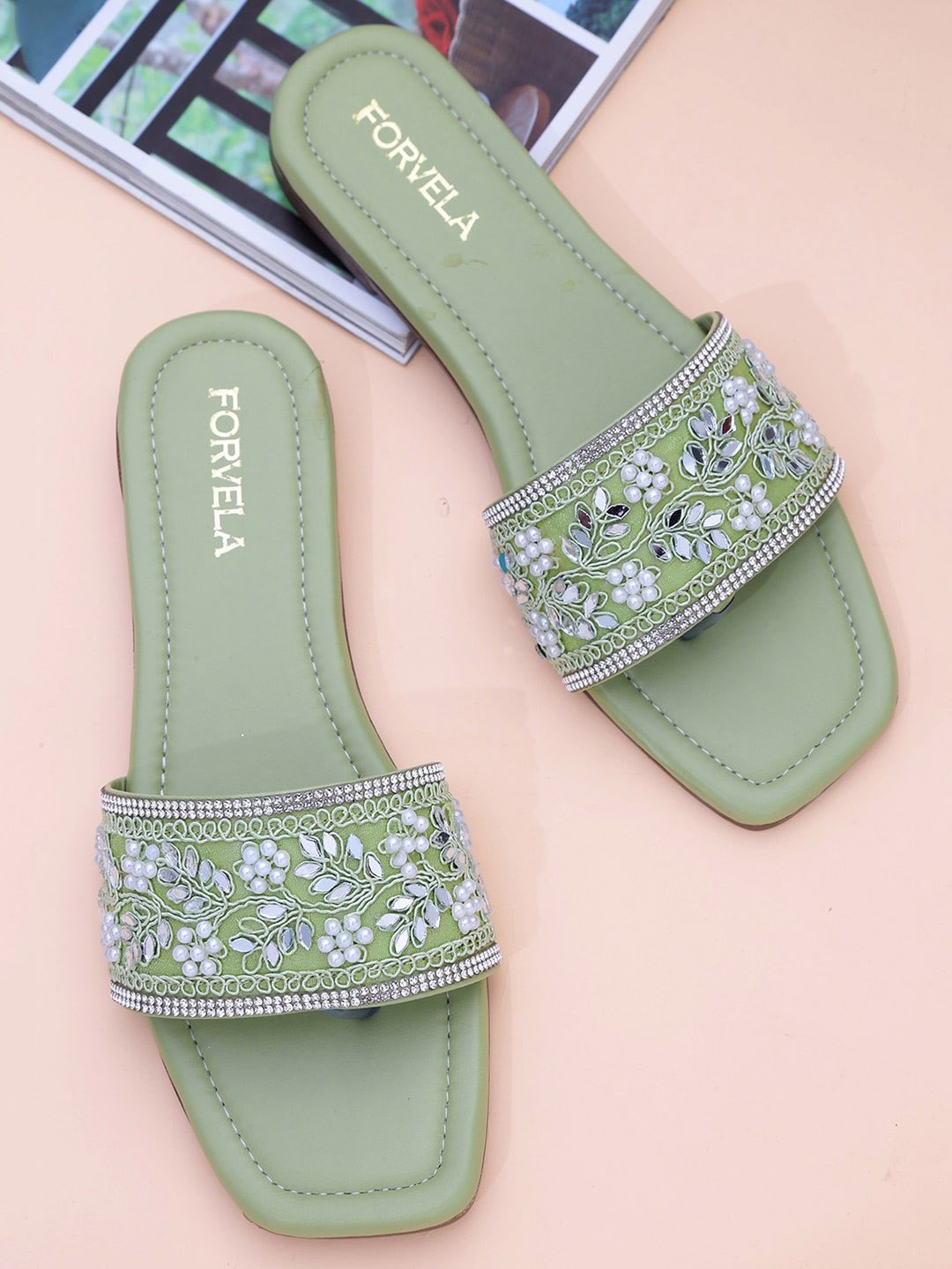

FORVELA Ethnic Embellished Open Toe Flats, Green