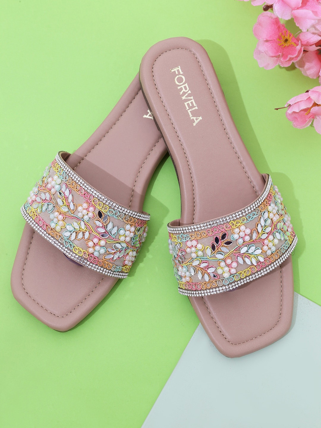 

FORVELA Ethnic Embellished Open Toe Flats, Peach