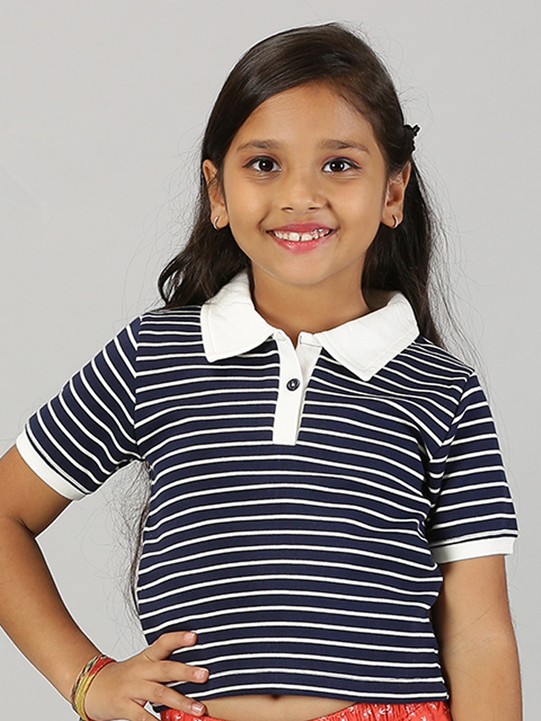 

KiddoPanti Girls Striped Polo Collar Pure Cotton Crop T-shirt, Navy blue