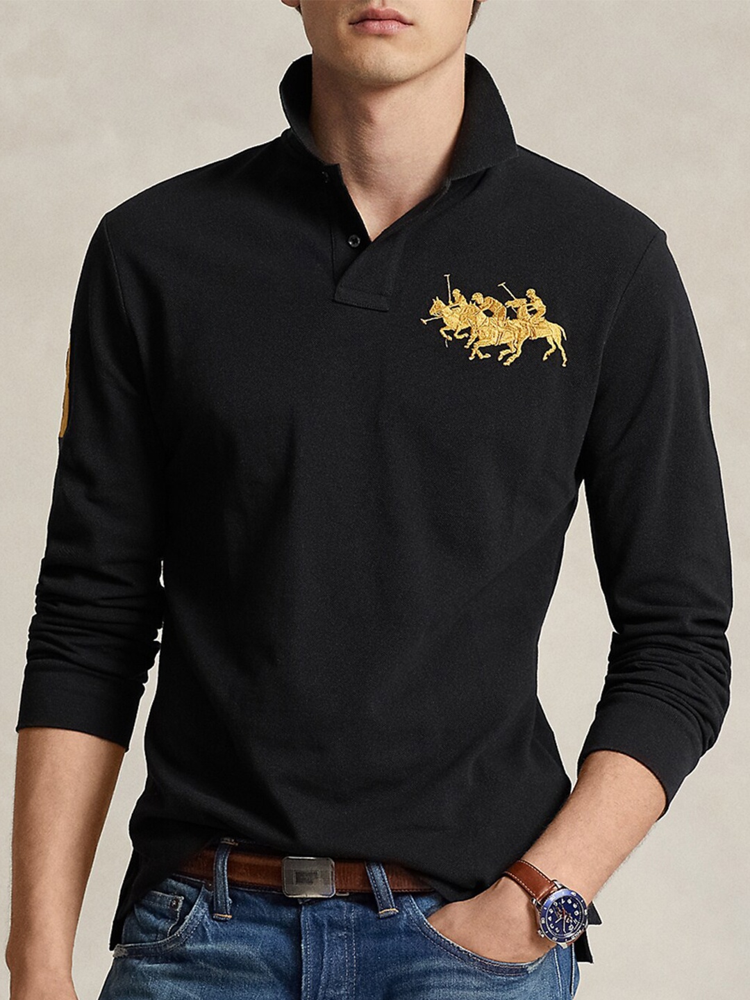 

Polo Ralph Lauren Slim Fit Triple-Pony Polo Collar Pure Cotton T-Shirt, Black