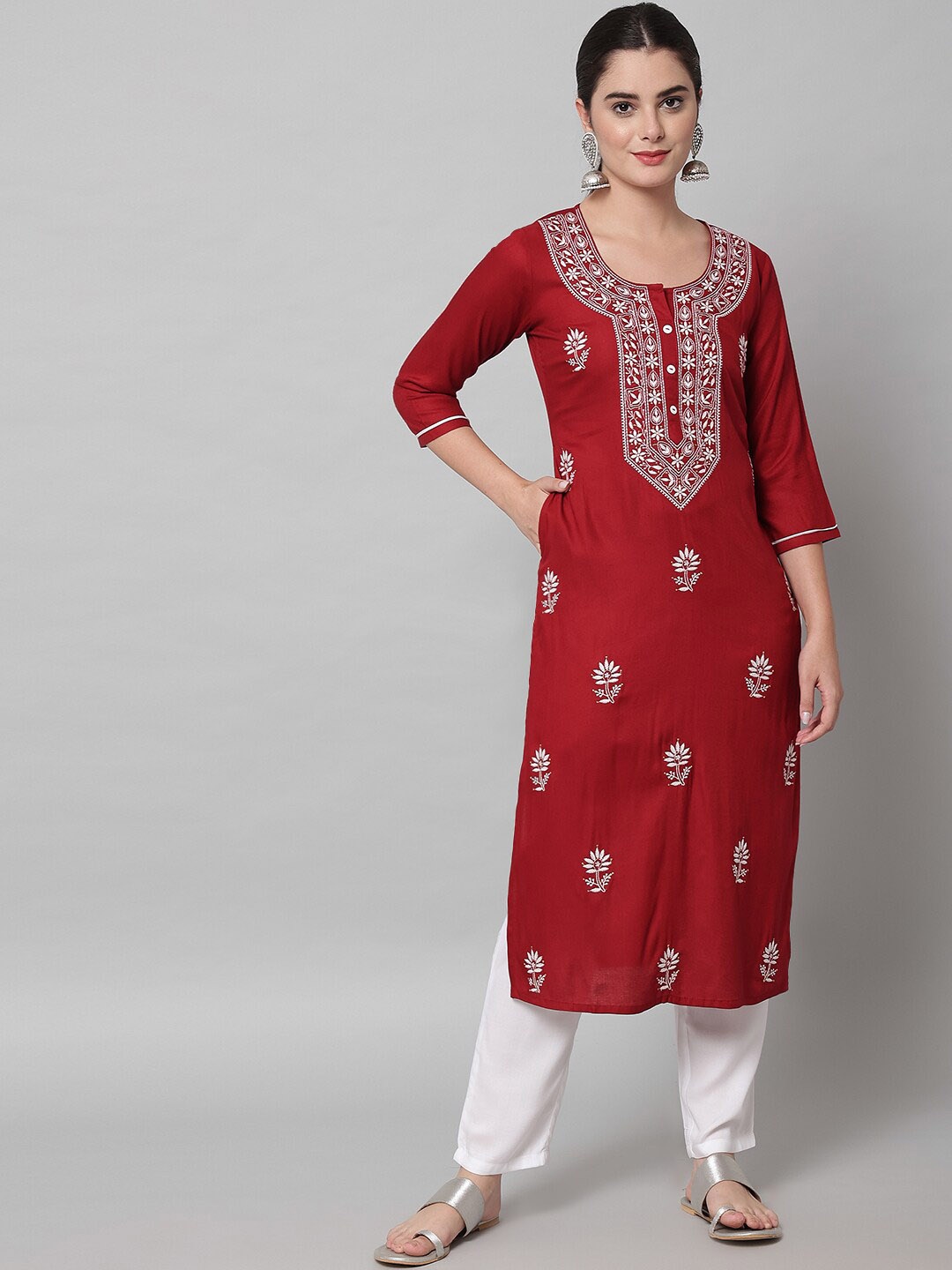 

PMD Fashion Ethnic Motifs Chikan Embroidered Cotton Gotta Patti Kurta, Red
