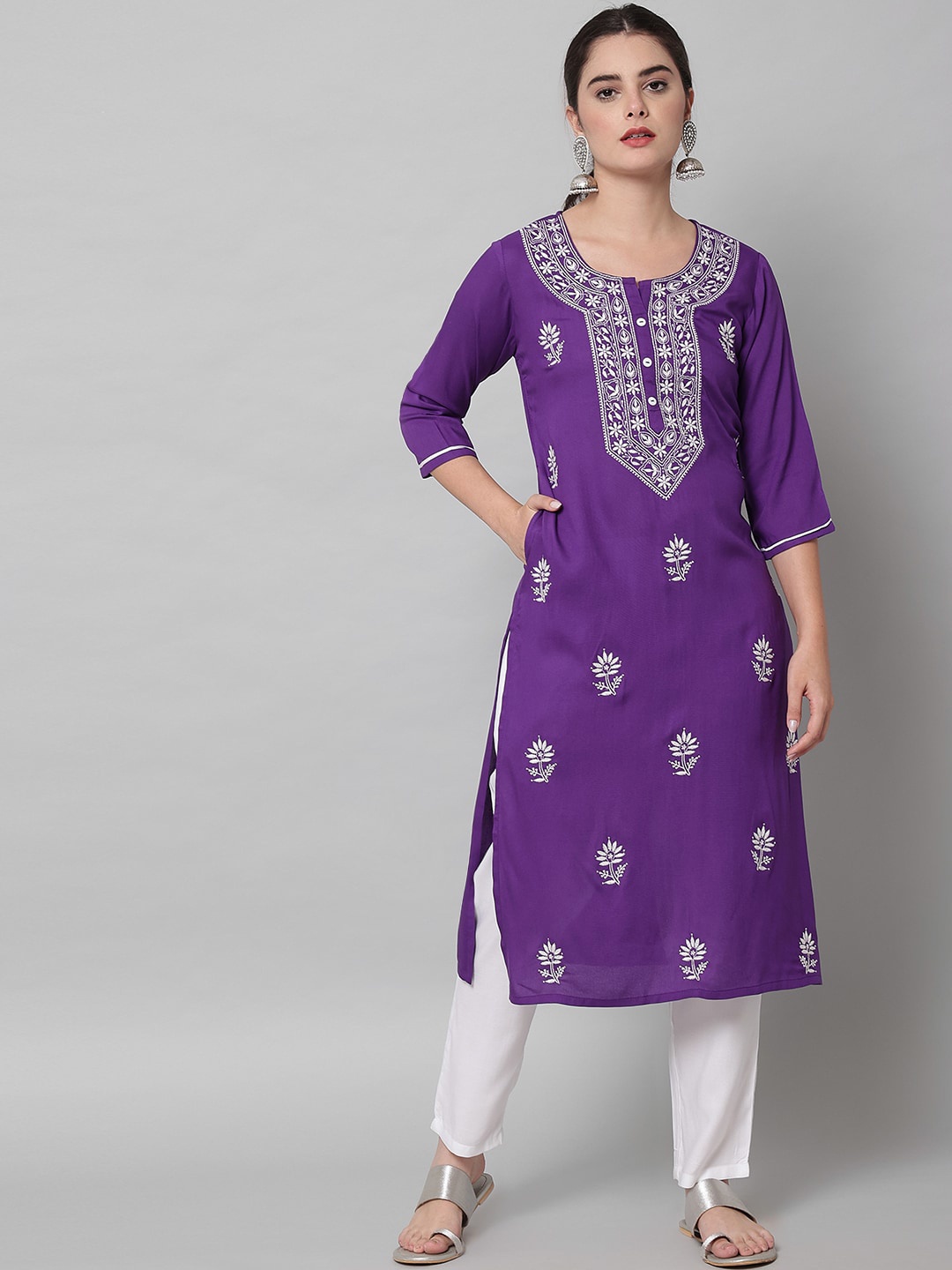 

PMD Fashion Ethnic Motifs Chikankari Embroidered Thread Work Kurta, Purple