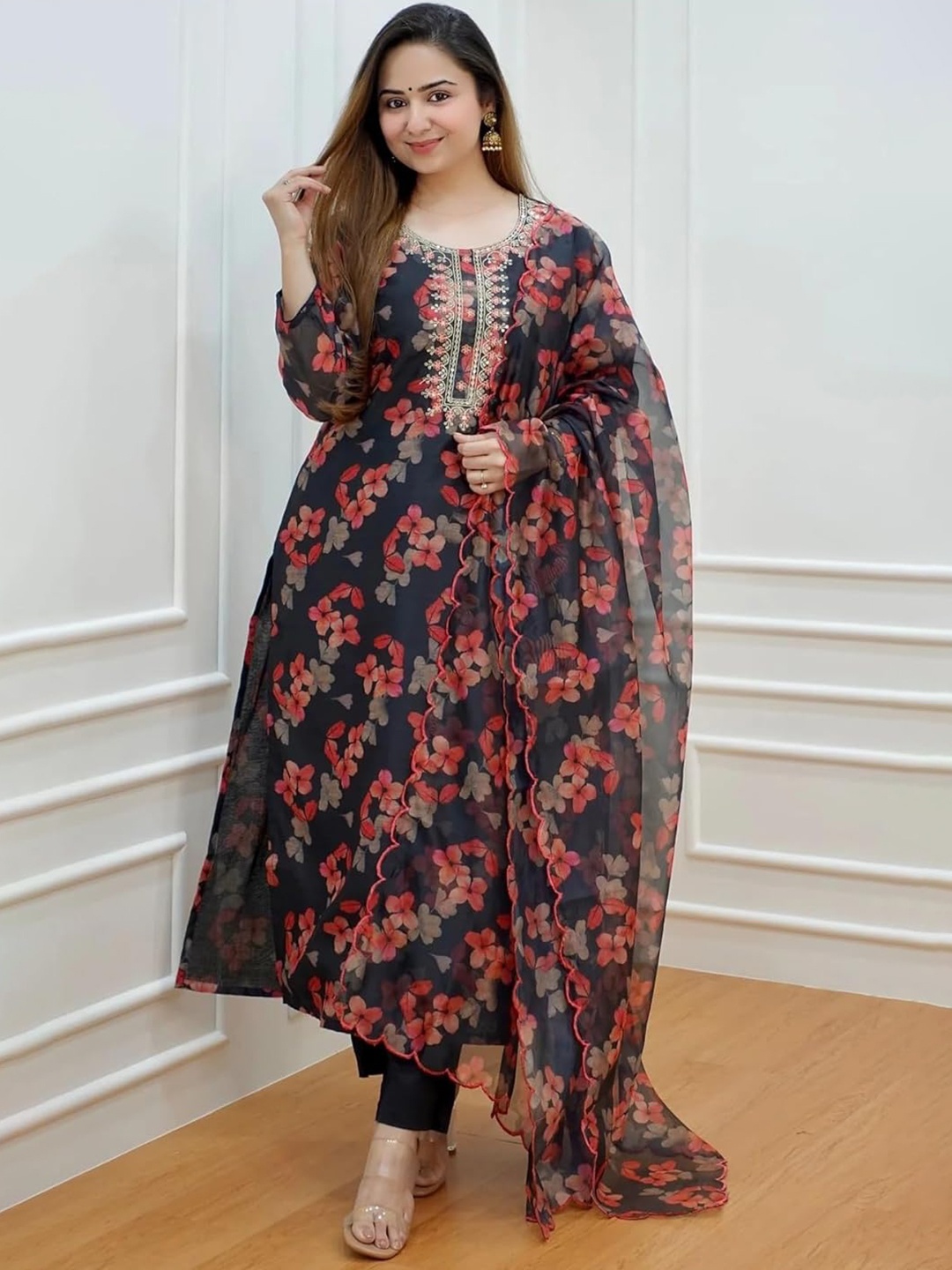 

KALINI Floral Printed Thread Work Kurta with Trousers & Dupatta, Navy blue