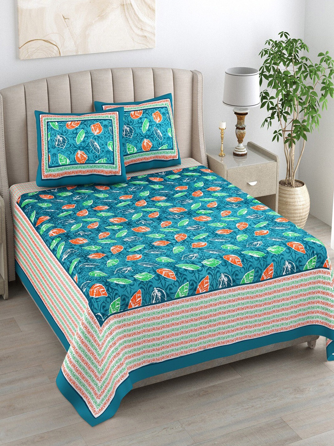 

Bombay Spreads Turquoise Blue Floral Cotton 180 TC King Bedsheet & 2 Pillow Covers