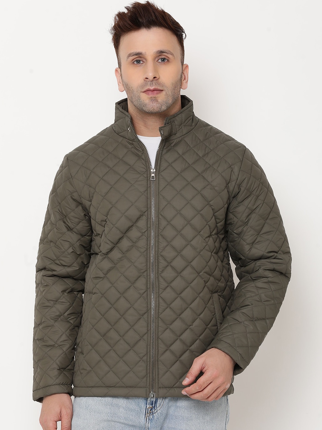 

9ty3ree Mock Collar Quilted Jacket, Olive