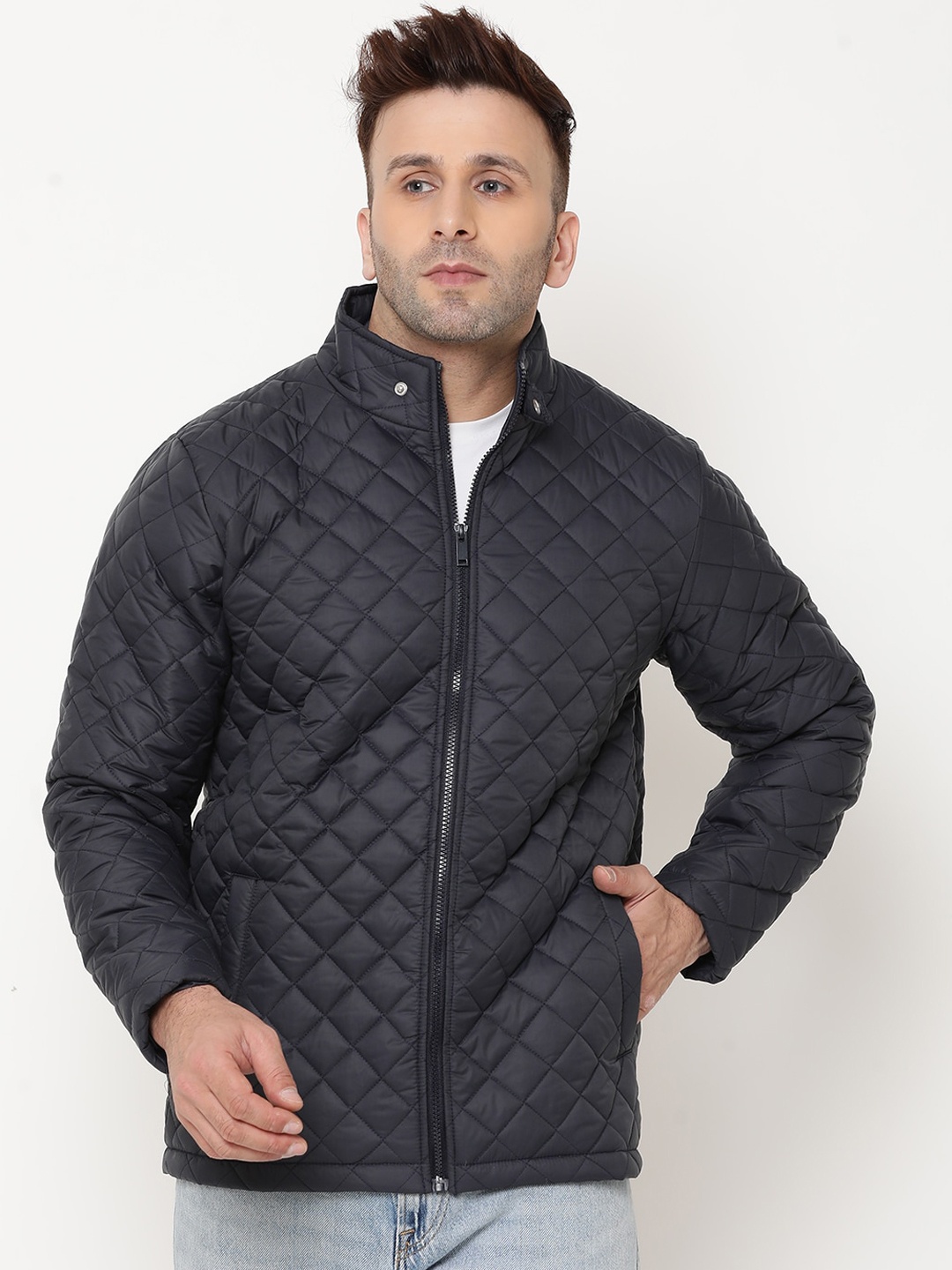 

9ty3ree Mock Collar Insulator Quilted Jacket, Navy blue