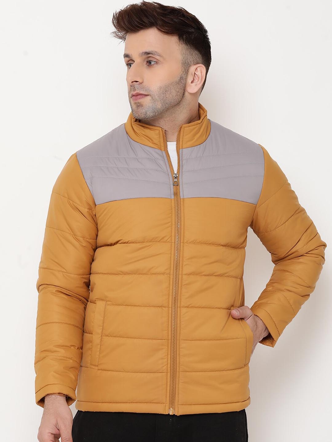 

9ty3ree Colourblocked Mock Collar Insulator Padded Jacket, Mustard