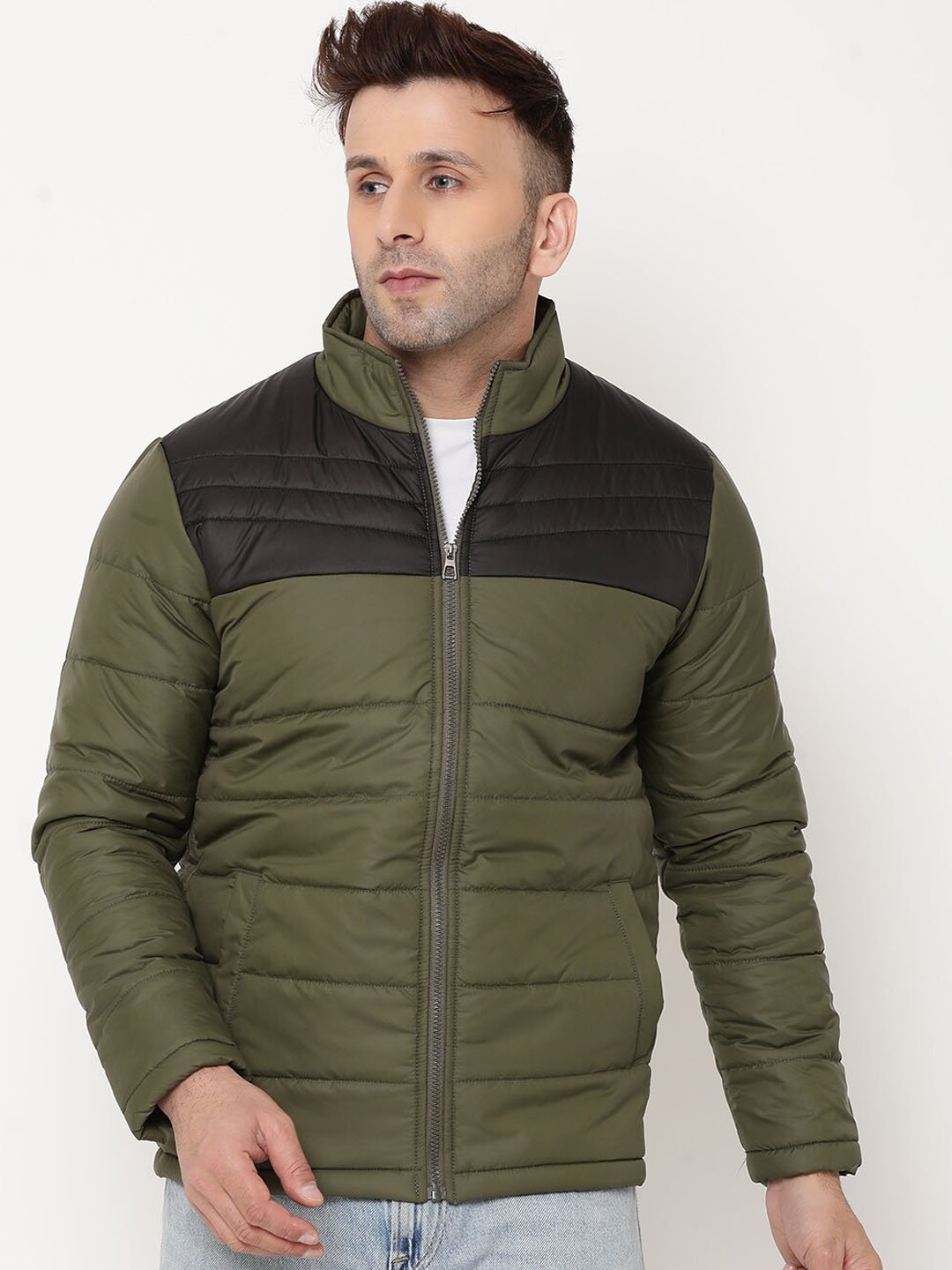 

9ty3ree Colourblocked Mock Collar Insulator Padded Jacket, Olive