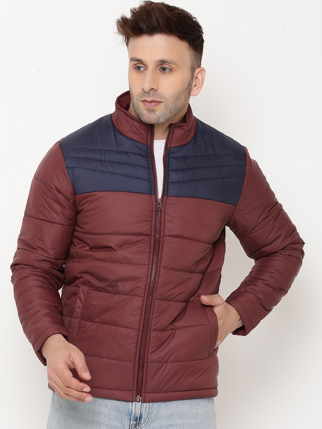 

9ty3ree Colourblocked Mock Collar Insulator Padded Jacket, Maroon