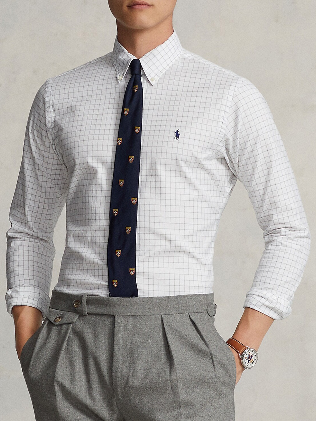 

Polo Ralph Lauren Checked Custom Fit Stretch Oxford Cotton Formal Shirt, White